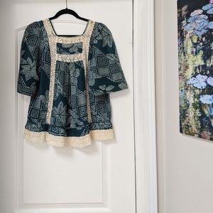 Like New BCBGMAXAZRIA Silk Lace Trim Top